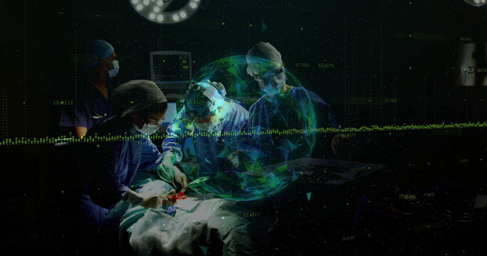 Operating surgical team performing surgery in dim OR, with instruments and holographic data overlay - Powered by Adobe