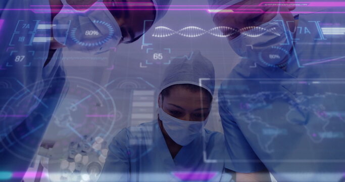 Central female surgeon in scrubs caps masks assisting surgery in OR, with holographic DNA display
