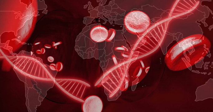 Showing glowing red DNA helix crossing crimson gradient, with blood cell discs, world map outlines