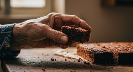 A hand holding a piece of brownie over a tray of brownies on a wooden surface in soft lighting, bolo de chocolate