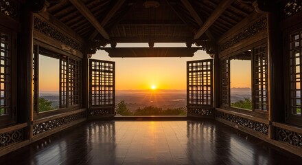 Fototapeta premium Serene Sunrise View Through Wooden Pavilion Windows, Golden Hour, Tranquility.