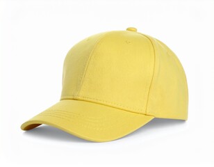 Fototapeta premium A stylish yellow baseball cap isolated on a white background. A modern fashion accessory and blank headwear template for design.