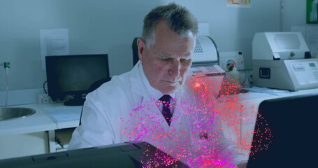 Scientist in lab coat analyzing particle visualization overlay on screen in lab, with centrifuge