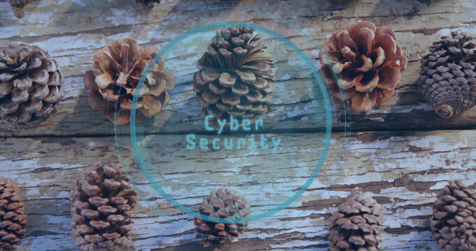 Highlighting pine cone glowing on weathered wood plank, with digital overlay showing Cyber Security - Powered by Adobe