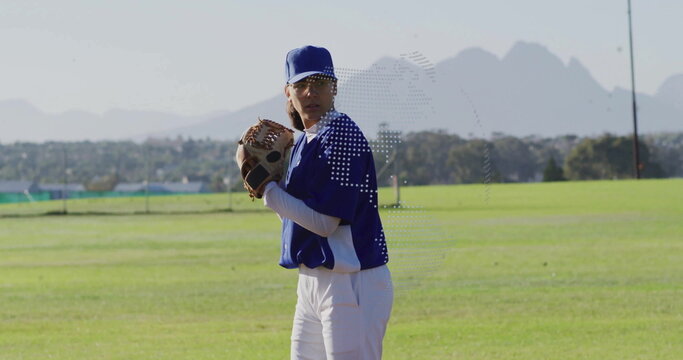 Positioning female baseball player pitching ball on grass field, wearing blue cap and leather glove