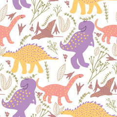 Cute Colorful Dinosaurs Vector Seamless Pattern