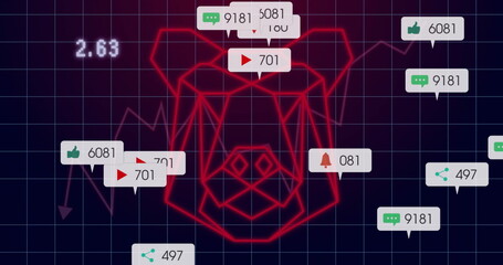 Showing red geometric pig head outline floating over trading interface, with social media metrics