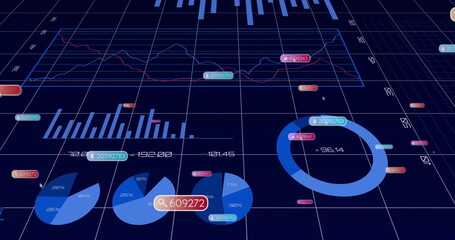 Displaying donut chart showing segmented blue ring on 3D grid plane, numeric labels, copy space