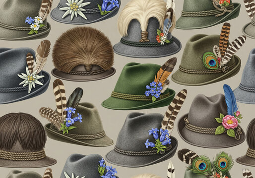 A seamless pattern of traditional Bavarian and Tyrolean hats decorated with feathers and flowers for Oktoberfest.

