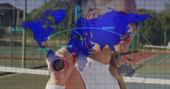 Gripping tennis racket female athlete lifting serve on tennis court, digital overlay, copy space - Powered by Adobe