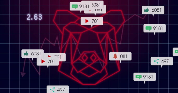 Showing red geometric pig head outline floating over trading interface, with social media metrics