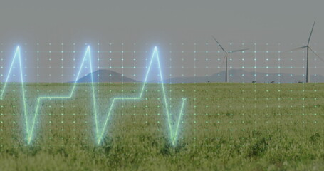 Pulsing ECG waveform spanning grassland wind farm, with digital grid overlay and wind turbines