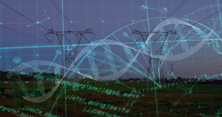 Merging stylized DNA helix over high-voltage towers on grassland at dusk, with code and nodes