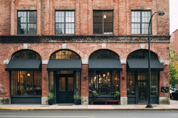 Charming brick storefront with elegant awnings and greenery on a bustling city street in autumn