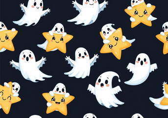 Fototapeta premium A cute and whimsical seamless pattern illustration for a children's Halloween. The repeating design on a dark night sky background features friendly cartoon ghosts flying and playing with smiling star