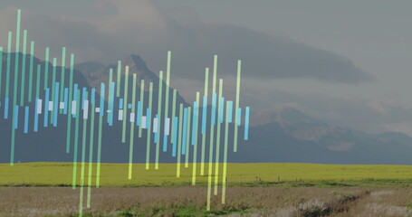 Displaying translucent vertical bars forming chart overlay over rural valley farmland, showing data