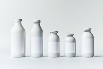A neatly arranged set of blank beverage bottles in different sizes, blank labels for product branding