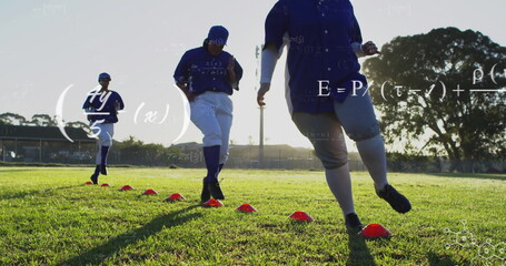 Running athlete in uniform and cleats weaving through red cones on field, with floating equations