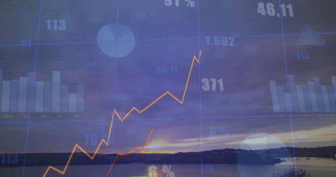 Rising orange line graph hovering at lakeside dawn, with blue bars, pie chart, numeric labels, grid