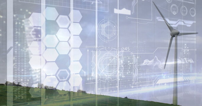 Single white wind turbine spinning on green hillside, with digital interface overlays, copy space