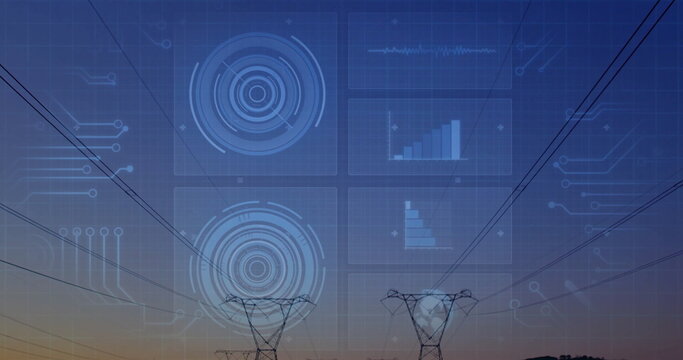 Displaying high-voltage towers projecting digital data overlays in rural dusk, with power lines