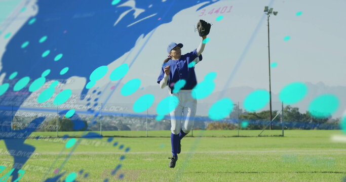 Leaping female baseball player catching ball on baseball field, with glove, cap and digital overlay