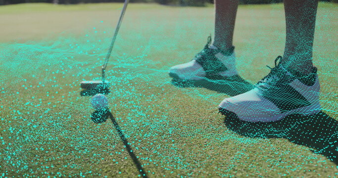 Aligning putter and golf ball on black line on putting green with data overlay, copy space