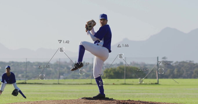 Pitching pitcher wearing cap gripping ball and glove on mound chainlink fence analytics overlay