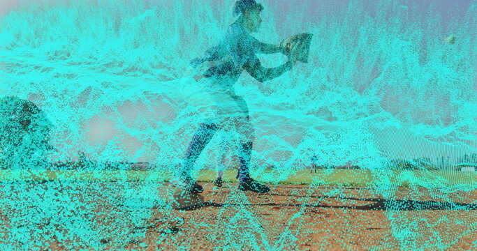 Jogging woman in sportswear pacing along beach at sunset, using handheld device with wave overlay