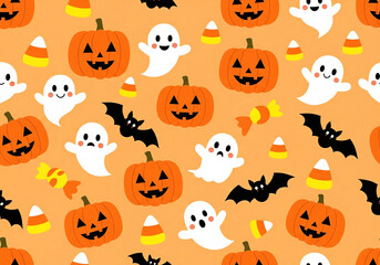 A cute seamless Halloween pattern with cartoon pumpkins, ghosts, bats, and candy.

