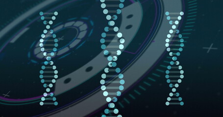 Three DNA helices rotating over HUD display, with rings, grid lines, plus markers and magenta arcs