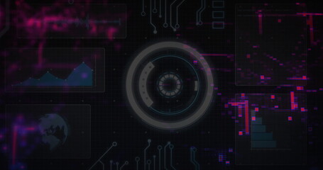 Central HUD element hovering in dark grid dashboard, streaming neon circuit traces and data panels
