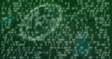 Spiral target glowing in virtual display, with grid lines streaming 0s and 1s, glitch artifacts