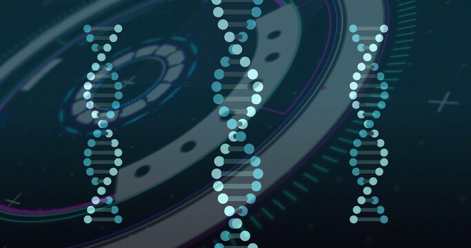 Three DNA helices rotating over HUD display, with rings, grid lines, plus markers and magenta arcs