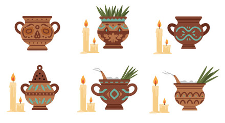 Collection of ornate vases and lit candles on transparent background