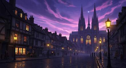 Obraz premium A vibrant medieval town street at dusk with a crowd of people and a gothic cathedral in the background, illuminated by warm lanterns