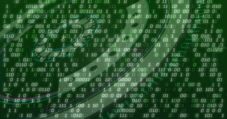 Swirling spiral vortex of green binary digits flowing in virtual space, with layered code streams