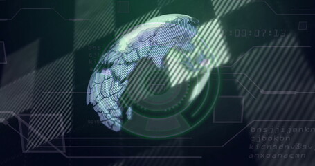 Displaying 3D globe with hex grid in digital interface, showing scanning rings and timestamp codes