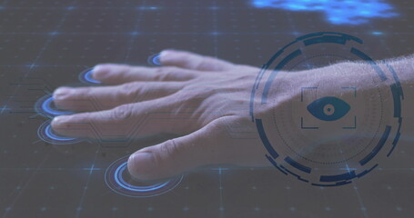 Moving right hand navigating futuristic control panel, with glowing touchpoints and eye-shaped HUD