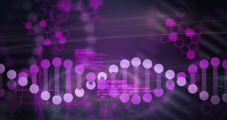 Displaying DNA double-helix model floating in virtual space, with hexagonal motifs and code stream