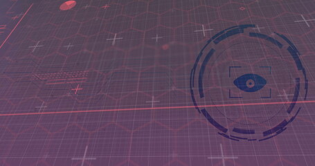 Displaying HUD on hex-grid UI with eye icon, horizontal scan line and plus-sign markers, copy space