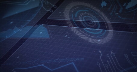 Displaying circular HUD element rotating in dashboard, with grid floor and data clusters
