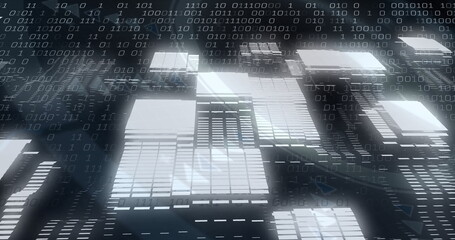 Floating illuminated data panels streaming across cyberspace grid, with binary code, light trails