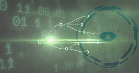 Displaying branching digital network unfolding in abstract space, with binary code and eye icon