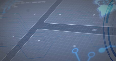 Displaying HUD interface in control panel, hex panels, grid net, circular HUD elements, world map