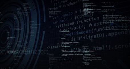 Displaying code column floating on grid overlay, with abstract circles and JavaScript C++ snippets