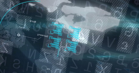 Partners in suits shaking hands at tabletop in boardroom, with world map and digital data overlays