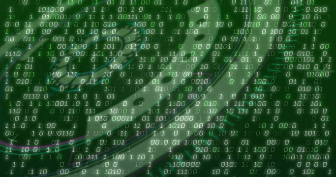 Swirling spiral vortex of green binary digits flowing in virtual space, with layered code streams