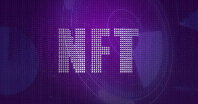 Displaying NFT letters glowing in purple digital interface with binary dots, HUD rings, grid lines - Powered by Adobe