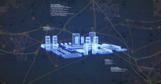 Floating holographic city model above digital grid with cylinder towers, glowing code snippets